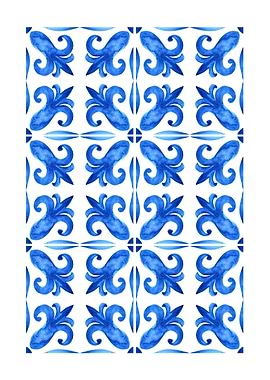 Blue Floral Tile Pattern Watercolor