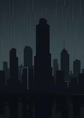 Rainy Cityscape Silhouette with Neon Accents