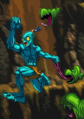 Blue Creature Running from Green Monsters