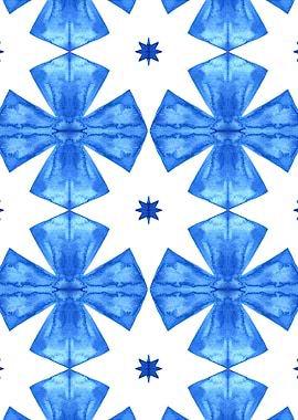 Blue Watercolor Floral Star Pattern