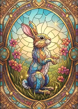 Stained Glass Rabbit in Floral Meadow