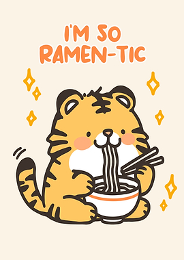 Cute Tiger Eating Ramen Illustration