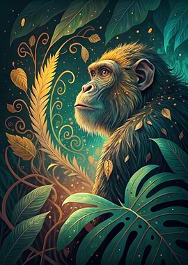 Chimpanzee in Lush Jungle Illustration