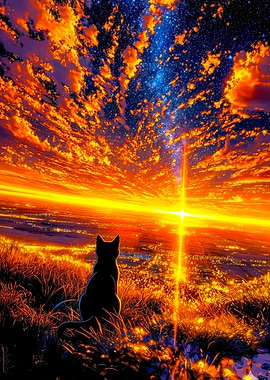 Cat Silhouette Watching Sunset Cityscape