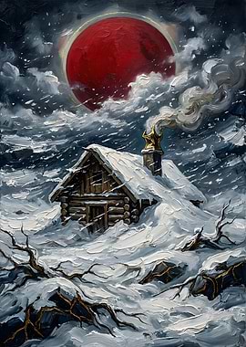 Impasto Snow Log Cabin Storm