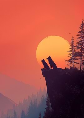 Wolves on Cliff at Sunset