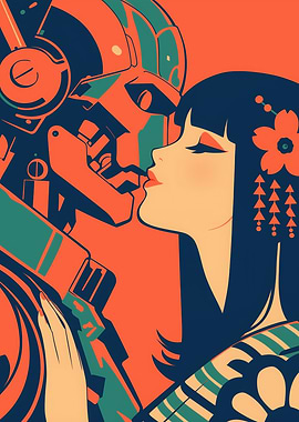 Robot and Geisha Kissing Anime Art