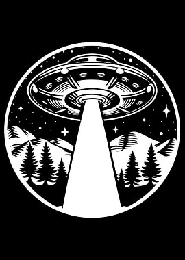 UFO Abduction In Forest Black And White