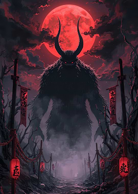 Demon in Dark Forest with Red Moon