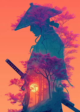 Samurai with Cherry Blossoms and Sunset