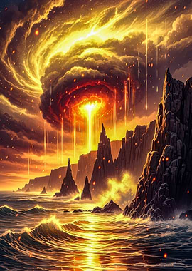 Apocalyptic Seascape with Fiery Sky