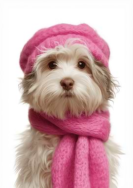 Cozy Havanese dog with Pink Hat and Scarf