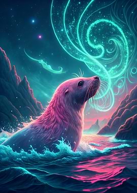 Mystical Seal in Neon Waterscape