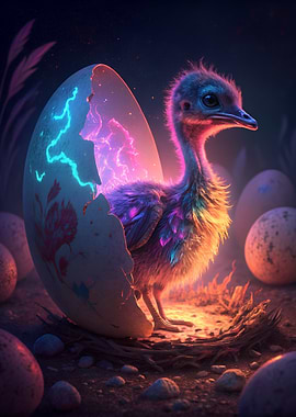 Emu Chick Hatching with Neon Egg