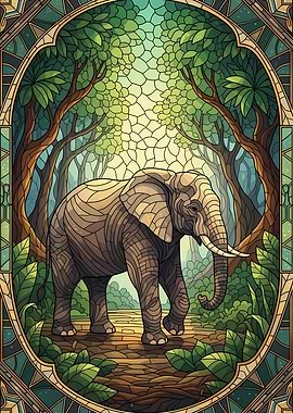 Elephant in Jungle Stained Glass Style