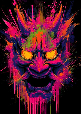 Colorful Oni Mask Digital Art