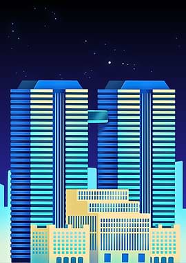 Cityscape at Night with Twin Towers