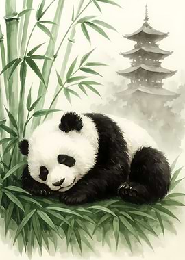 Sleeping Panda with Bamboo and Pagoda