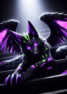 Winged Cyberpunk Wolf Stairs