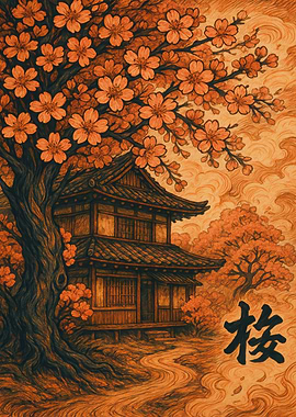 Japanese House with Cherry Blossoms