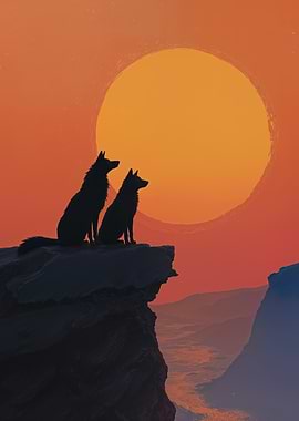 Wolves on a Cliff at Sunset