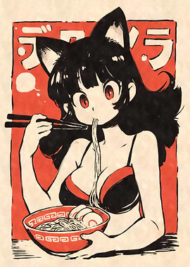Vintage Anime Cat Girl Eating Ramen