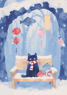 Winter Cat with Fish Lanterns