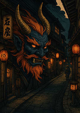 Japanese Street with Oni Mask