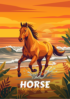 Horse Running on Beach at Sunset