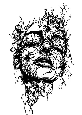 Floral Woman Black and White Art