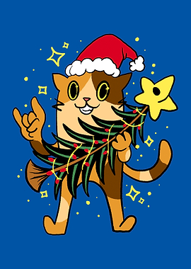 Christmas Cat with Tree and Sign