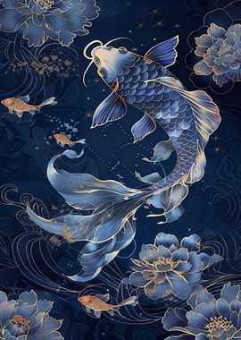Blue Koi Fish and Floral Art