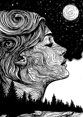 Woman's Profile with Forest and Moon