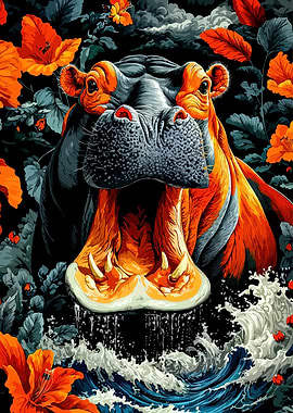 Hippo with Open Mouth and Flowers
