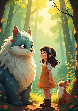Girl, Wolf, and Fox in Forest