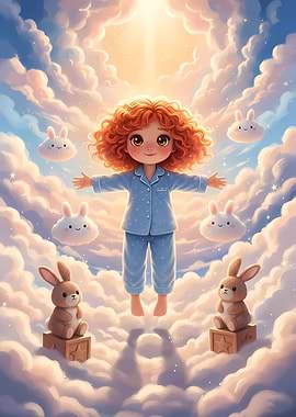 Dreamy Girl in Clouds with Bunnies