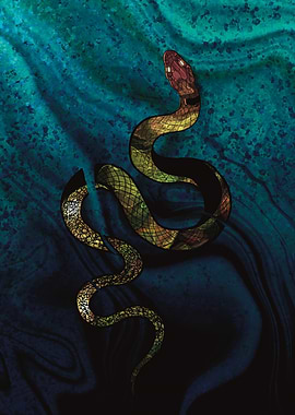 Coiled Snake on Blue Abstract Background
