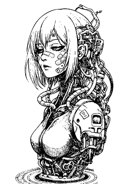Cyberpunk Girl Black and White Illustration