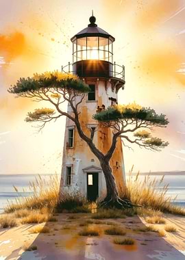 Watercolor Lighthouse at Sunset