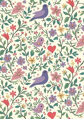 Flowers and birds - St. Valentines Day pattern
