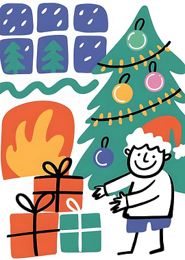 Christmas Illustration with Boy and Gifts