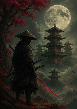 Samurai with Red Katana and Pagodas