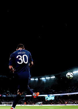 Messi Kicking Soccer Ball at Night