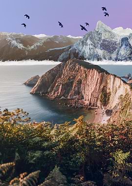 Coastal Mountain Landscape with Birds