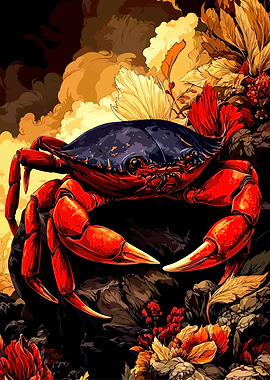 Red Crab with Floral Background