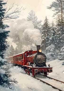 Red Train in Winter Wonderland