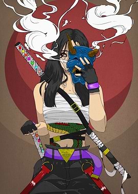 Female warrior with mask and swords