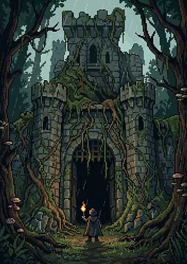 Pixel Art Ruined Castle in Forest