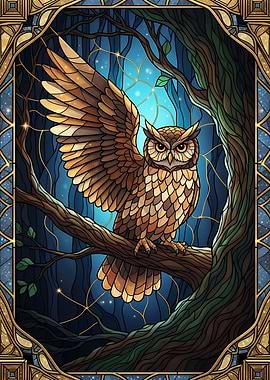 Stained Glass Owl in Forest