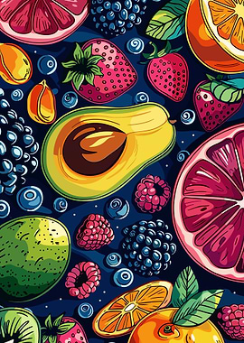 Colorful Fruit Pattern on Dark Background